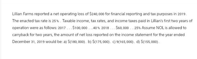 Lillian Farms reported a net operating loss of $240,000 for financial reporting and tax purposes in 2019.
The enacted tax rate is 25 %. Taxable income, tax rates, and income taxes paid in Lillian's first two years of
operation were as follows: 2017 $100,000..40% 2018 $60,000...25% Assume NOL is allowed to
carryback for two years, the amount of net loss reported on the income statement for the year ended
December 31, 2019 would be: a) $(180, 000). b) $(175,000). c) 9(165,000). d) $(155,000).