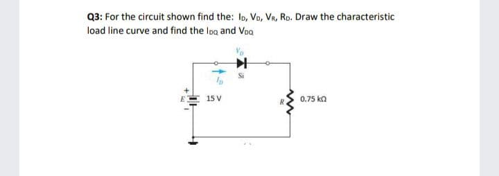 Q3: For the circuit shown find the: Io, Vo, VR, Rp. Draw the characteristic
load line curve and find the Ioo and Voo
Si
15 V
0.75 ka
