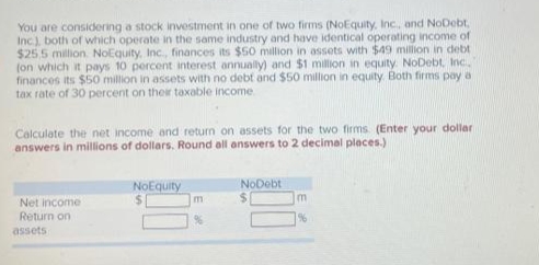 You are considering a stock investment in one of two firms (NoEquity, Inc., and NoDebt,
Inc), both of which operate in the same industry and have identical operating income of
$25,5 million. NoEquity, Inc., finances its $50 million in assets with $49 million in debt
(on which it pays 10 percent interest annually) and $1 million in equity. NoDebt, Inc.
finances its $50 million in assets with no debt and $50 million in equity Both firms pay a
tax rate of 30 percent on their taxable income
Calculate the net income and return on assets for the two firms. (Enter your dollar
answers in millions of dollars. Round all answers to 2 decimal places.)
NoEquity
m
NoDebt
$0
Net income
Return on
assets
