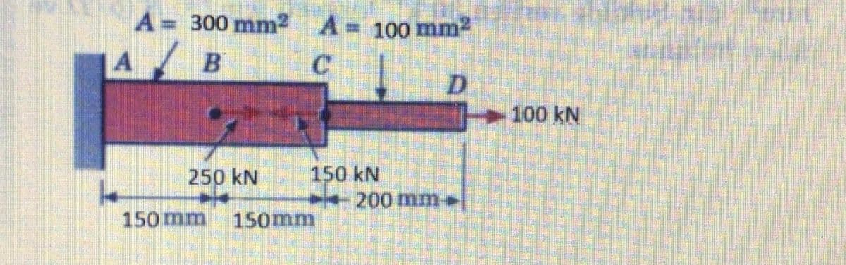 A= 300 mm2
A 100 mm2
A B
D.
100 kN
150 kN
200 mm-
250 kN
150 mm
150mm
