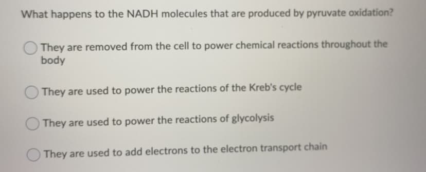 What happens to the NADH molecules that are produced by pyruvate oxidation?
They are removed from the cell to power chemical reactions throughout the
body
They are used to power the reactions of the Kreb's cycle
They are used to power the reactions of glycolysis
They are used to add electrons to the electron transport chain
