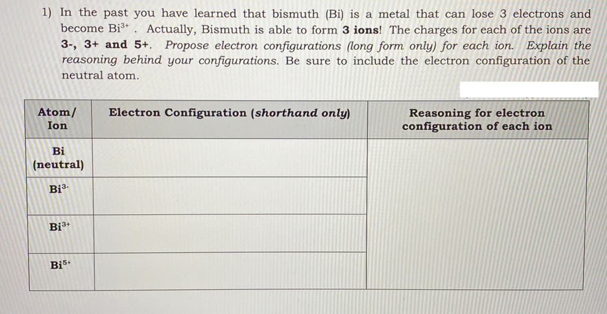 1) In the past you have learned that bismuth (Bi) is a metal that can lose 3 electrons and
become Bi* . Actually, Bismuth is able to form 3 ions! The charges for each of the ions are
3-, 3+ and 5+. Propose electron configurations (long form only) for each ion. Explain the
reasoning behind your configurations. Be sure to include the electron configuration of the
neutral atom.
Atom/
Electron Configuration (shorthand only)
Reasoning for electron
configuration of each ion
Ion
Bi
(neutral)
Bi3-
Bi3+
Bi5+
