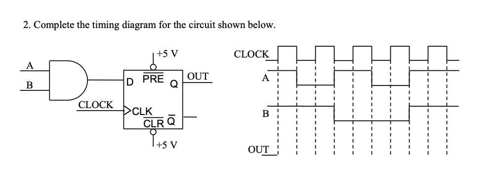 2. Complete the timing diagram for the circuit shown below.
A
B
D
CLOCK
D
+5 V
PRE
CLK
CLR
+5 V
OUT
CLOCK
A I
B
OUT
I
1
I
I
J
I
I
I
I
I
T
I
I
I
I
T
1
1
I
I
I
I
I
1
I
T
I
T
I
I
T
T
I
1
I
I
I
1
1
I
I
1
I
I
I
I
I
1
I
I
T
I