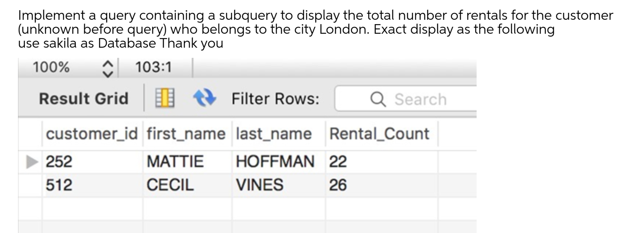 Implement a query containing a subquery to display the total number of rentals for the customer
(unknown before query) who belongs to the city London. Exact display as the following
use sakila as Database Thank
you
100%
C 103:1
Result Grid
I & Filter Rows:
Q Search
customer_id first_name last_name Rental_Count
252
МАTTIE
HOFFMAN 22
512
СЕCIL
VINES
26
