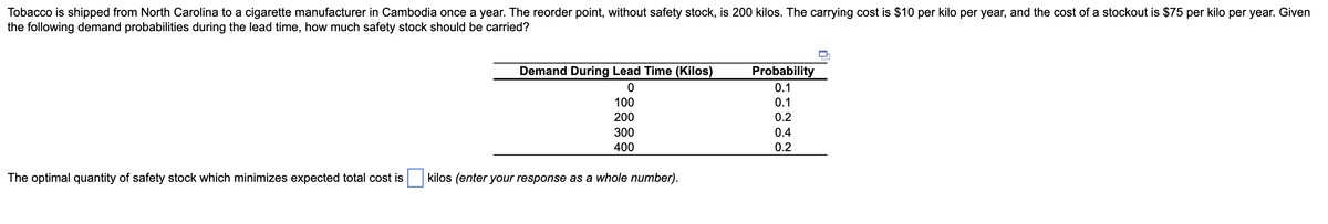Tobacco is shipped from North Carolina to a cigarette manufacturer in Cambodia once a year. The reorder point, without safety stock, is 200 kilos. The carrying cost is $10 per kilo per year, and the cost of a stockout is $75 per kilo per year. Given
the following demand probabilities during the lead time, how much safety stock should be carried?
Probability
0.1
0.1
Demand During Lead Time (Kilos)
100
200
0.2
300
0.4
400
0.2
The optimal quantity of safety stock which minimizes expected total cost is
kilos (enter your response as a whole number).
