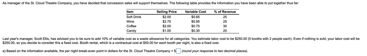 As manager of the St. Cloud Theatre Company, you have decided that concession sales will support themselves. The following table provides the information you have been able to put together thus far:
Item
Selling Price
Variable Cost
% of Revenue
$0.65
$0.95
$0.75
$0.30
Soft Drink
$2.00
25
$2.75
$2.00
$1.00
Wine
25
Coffee
30
Candy
20
Last year's manager, Scott Ellis, has advised you to be sure to add 10% of variable cost as a waste allowance for all categories. You estimate labor cost to be $250.00 (5 booths with 2 people each). Even if nothing is sold, your labor cost will be
$250.00, so you decide to consider this a fixed cost. Booth rental, which is a contractual cost at $50.00 for each booth per night, is also a fixed cost.
a) Based on the information available, the per night break-even point in dollars for the St. Cloud Theatre Company = $
(round your response to two decimal places).

