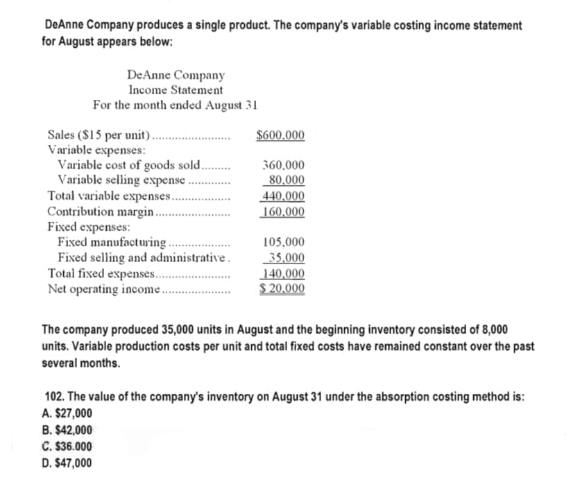 DeAnne Company produces a single product. The company's variable costing income statement
for August appears below:
DeAnne Company
Income Statement
For the month ended August 31
Sales ($15 per unit).
Variable expenses:
Variable cost of goods sold.
Variable selling expense
Total variable expenses..
Contribution margin.
Fixed expenses:
Fixed manufacturing.
Fixed selling and administrative.
Total fixed expenses.......
Net operating income.
******************
$600.000
360,000
80,000
440,000
160,000
105,000
35,000
140,000
$ 20,000
The company produced 35,000 units in August and the beginning inventory consisted of 8,000
units. Variable production costs per unit and total fixed costs have remained constant over the past
several months.
102. The value of the company's inventory on August 31 under the absorption costing method is:
A. $27,000
B. $42,000
C. $36.000
D. $47,000