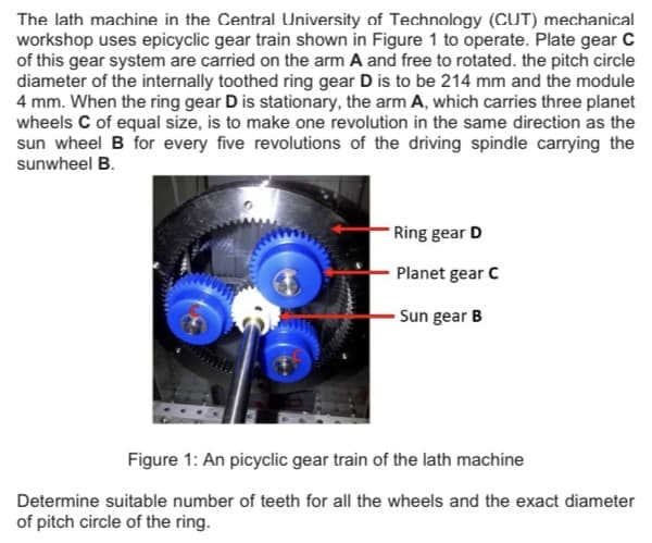 The lath machine in the Central University of Technology (CUT) mechanical
workshop uses epicyclic gear train shown in Figure 1 to operate. Plate gear C
of this gear system are carried on the arm A and free to rotated. the pitch circle
diameter of the internally toothed ring gear D is to be 214 mm and the module
4 mm. When the ring gear D is stationary, the arm A, which carries three planet
wheels C of equal size, is to make one revolution in the same direction as the
sun wheel B for every five revolutions of the driving spindle carrying the
sunwheel B.
Ring gear D
Planet gear C
Sun gear B
Figure 1: An picyclic gear train of the lath machine
Determine suitable number of teeth for all the wheels and the exact diameter
of pitch circle of the ring.
