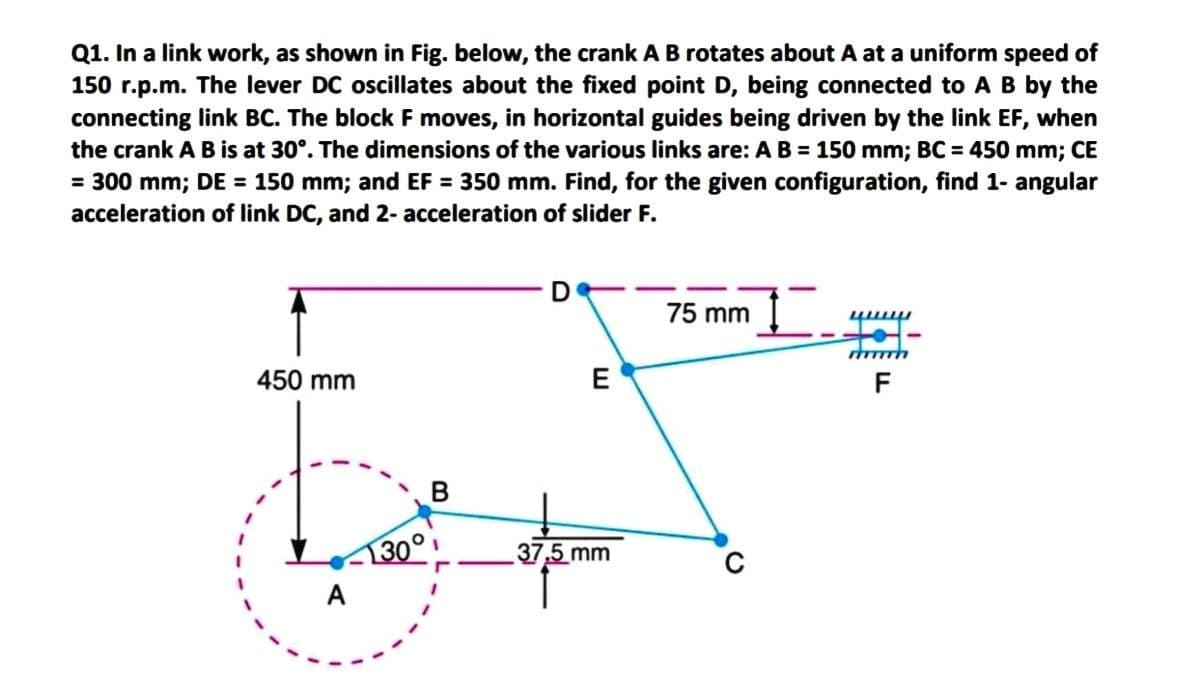 Q1. In a link work, as shown in Fig. below, the crank A B rotates about A at a uniform speed of
150 r.p.m. The lever DC oscillates about the fixed point D, being connected to A B by the
connecting link BC. The block F moves, in horizontal guides being driven by the link EF, when
the crank A B is at 30°. The dimensions of the various links are: AB = 150 mm; BC = 450 mm; CE
= 300 mm; DE = 150 mm; and EF = 350 mm. Find, for the given configuration, find 1- angular
acceleration of link DC, and 2- acceleration of slider F.
75 mm
www
450 mm
37,5 mm
A
