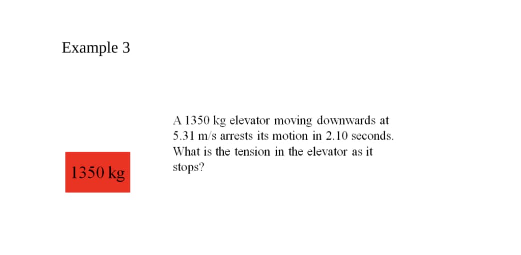 Example 3
A 1350 kg elevator moving downwards at
5.31 m/s arrests its motion in 2.10 seconds.
What is the tension in the elevator as it
1350 kg
stops?
