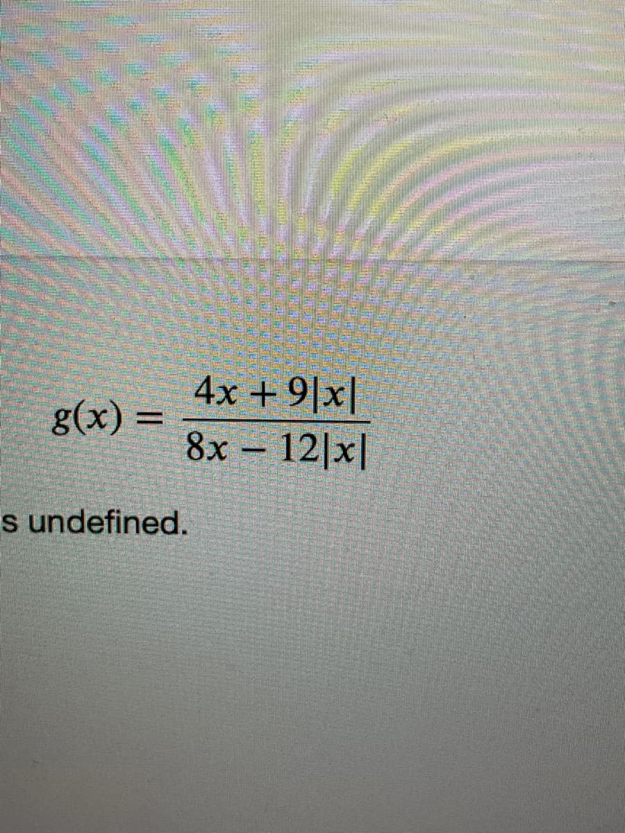 g(x) =
4x +9|x|
8x
12|x|
s undefined.