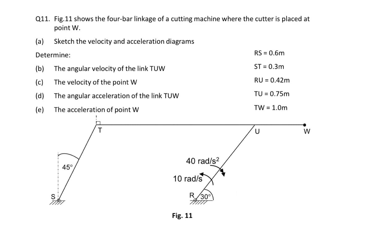 Q11. Fig.11 shows the four-bar linkage of a cutting machine where the cutter is placed at
point W.
(a) Sketch the velocity and acceleration diagrams
Determine:
The angular velocity of the link TUW
The velocity of the point W
The angular acceleration of the link TUW
(b)
(c)
(d)
(e) The acceleration of point W
S
45°
□
T
40 rad/s²
10 rad/s
R 30°
Fig. 11
RS = 0.6m
ST = 0.3m
RU = 0.42m
TU = 0.75m
TW = 1.0m
U
W