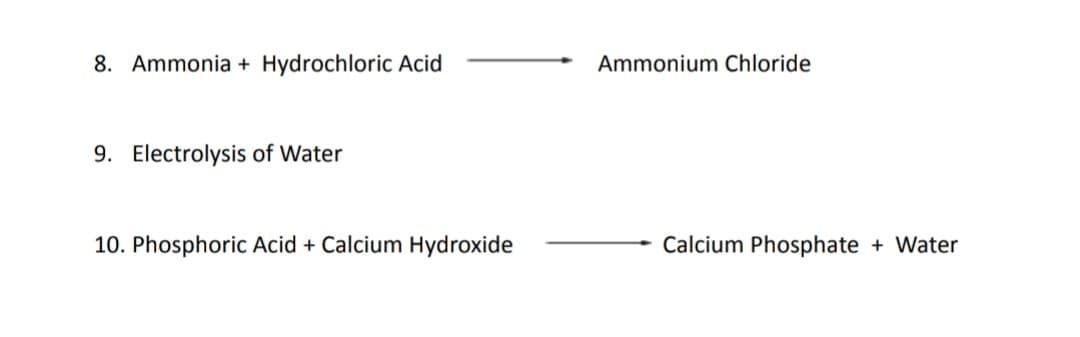 8. Ammonia + Hydrochloric Acid
Ammonium Chloride
9. Electrolysis of Water
10. Phosphoric Acid + Calcium Hydroxide
Calcium Phosphate + Water
