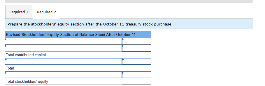 Required 1 Required 2
Prepare the stockholders' equity section after the October 11 treasury stock purchase.
Revised Stockholders' Equity Section of Balance Sheet After October 11
Total contributed capital
Total
Total stockholders' equity