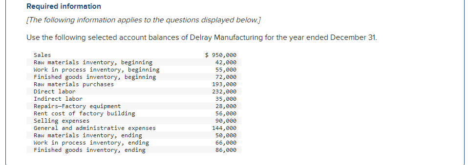 Required information
[The following information applies to the questions displayed below.]
Use the following selected account balances of Delray Manufacturing for the year ended December 31.
Sales
Raw materials inventory, beginning
Work in process inventory, beginning
Finished goods inventory, beginning
Raw materials purchases
Direct labor
Indirect labor
Repairs-Factory equipment
Rent cost of factory building
Selling expenses
General and administrative expenses
Raw materials inventory, ending
Work in process inventory, ending
Finished goods inventory, ending
$ 950,000
42,000
55,000
72,000
193,000
232,000
35,000
28,000
56,000
90,000
144,000
50,000
66,000
86,000