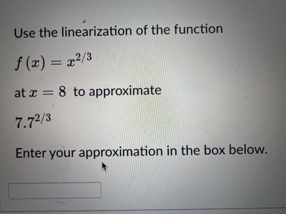 Use the linearization of the function
f(x) = x²/3
at x = 8 to approximate
7.72/3
Enter your approximation in the box below.