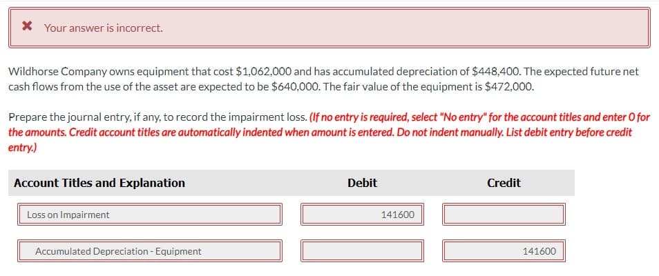 * Your answer is incorrect.
Wildhorse Company owns equipment that cost $1,062,000 and has accumulated depreciation of $448,400. The expected future net
cash flows from the use of the asset are expected to be $640,000. The fair value of the equipment is $472,000.
Prepare the journal entry, if any, to record the impairment loss. (If no entry is required, select "No entry" for the account titles and enter o for
the amounts. Credit account titles are automatically indented when amount is entered. Do not indent manually. List debit entry before credit
entry.)
Account Titles and Explanation
Loss on Impairment
Accumulated Depreciation - Equipment
Debit
141600
Credit
141600