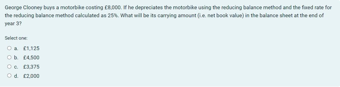 George Clooney buys a motorbike costing £8,000. If he depreciates the motorbike using the reducing balance method and the fixed rate for
the reducing balance method calculated as 25%. What will be its carrying amount (i.e. net book value) in the balance sheet at the end of
year 3?
Select one:
O a. £1,125
O b. £4,500
O c. £3,375
O d. £2,000