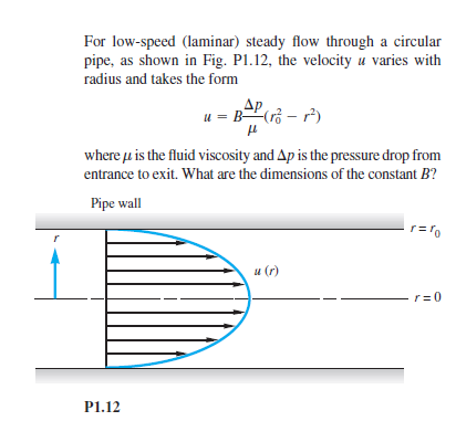 For low-speed (laminar) steady flow through a circular
pipe, as shown in Fig. P1.12, the velocity u varies with
radius and takes the form
u = B(rở - r?)
where u is the fluid viscosity and Ap is the pressure drop from
entrance to exit. What are the dimensions of the constant B?
Pipe wall
r=r
и (г)
r= 0
P1.12
