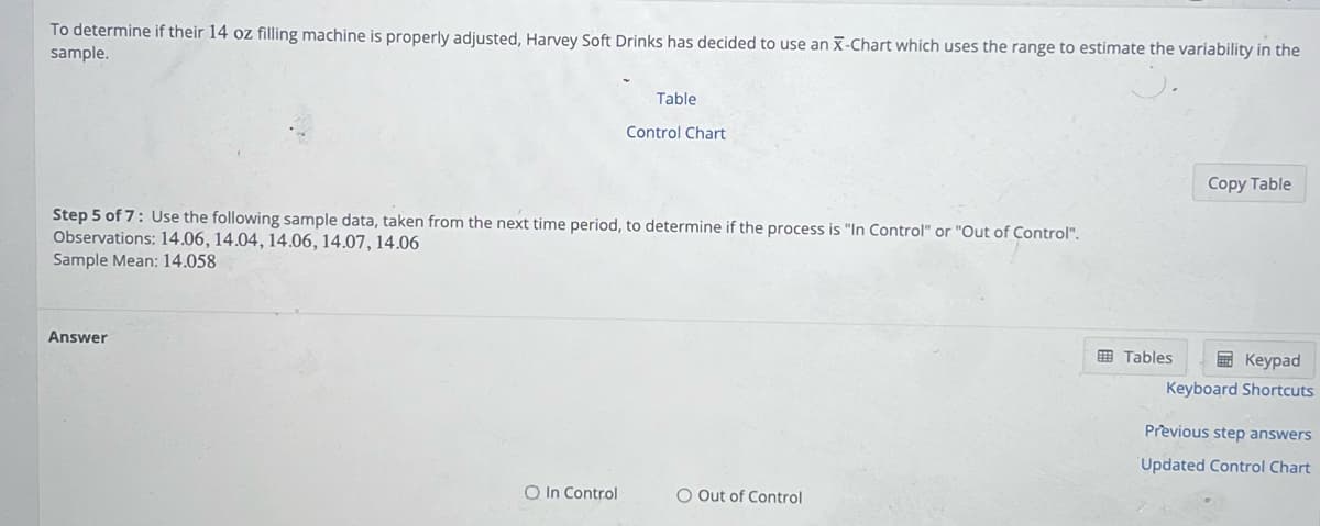 To determine if their 14 oz filling machine is properly adjusted, Harvey Soft Drinks has decided to use an X-Chart which uses the range to estimate the variability in the
sample.
Answer
Table
Step 5 of 7: Use the following sample data, taken from the next time period, to determine if the process is "In Control" or "Out of Control".
Observations: 14.06, 14.04, 14.06, 14.07, 14.06
Sample Mean: 14.058
O In Control
Control Chart
O Out of Control
Copy Table
Tables
Keypad
Keyboard Shortcuts
Previous step answers
Updated Control Chart