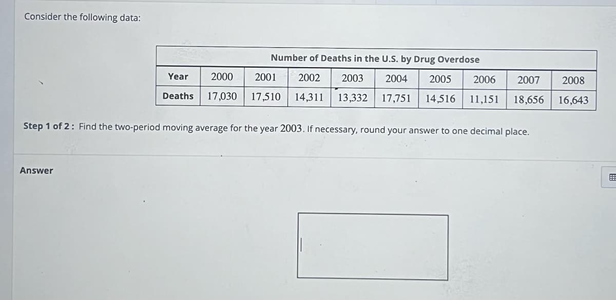 Consider the following data:
Year
Deaths
Answer
Number of Deaths in the U.S. by Drug Overdose
2002 2003 2004 2005 2006
2000
2001
2007 2008
17,030 17,510 14,311 13,332 17,751 14,516 11,151 18,656 16,643
Step 1 of 2: Find the two-period moving average for the year 2003. If necessary, round your answer to one decimal place.
