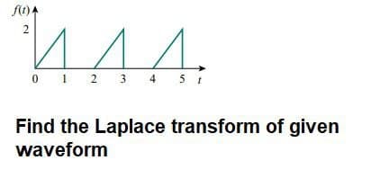 ft) A
ИД.
1.
0 1 2 3
4 5 1
Find the Laplace transform of given
waveform
