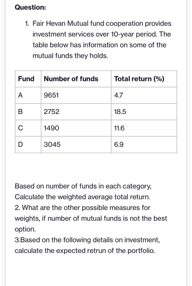 Question:
1. Fair Hevan Mutual fund cooperation provides
investment services over 10-year period. The
table below has information on some of the
mutual funds they holds.
Fund
A
C
D
Number of funds
9651
2752
1490
3045
Total return (%)
4.7
18.5
11.6
6.9
Based on number of funds in each category,
Calculate the weighted average total return.
2. What are the other possible measures for
weights, if number of mutual funds is not the best
option.
3.Based on the following details on investment,
calculate the expected retrun of the portfolio.