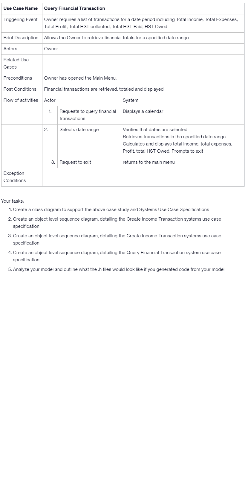 Use Case Name
Triggering Event
Brief Description Allows the Owner to retrieve financial totals for a specified date range
Owner
Actors
Related Use
Cases
Preconditions
Post Conditions
Flow of activities
Query Financial Transaction
Owner requires a list of transactions for a date period including Total Income, Total Expenses,
Total Profit, Total HST collected, Total HST Paid, HST Owed
Exception
Conditions
Owner has opened the Main Menu.
Financial transactions are retrieved, totaled and displayed
Actor
2.
1.
Requests to query financial
transactions
Selects date range
3. Request to exit
System
Displays a calendar
Verifies that dates are selected
Retrieves transactions in the specified date range
Calculates and displays total income, total expenses,
Profit, total HST Owed. Prompts to exit
returns to the main menu
Your tasks:
1. Create a class diagram to support the above case study and Systems Use Case Specifications
2. Create an object level sequence diagram, detailing the Create Income Transaction systems use case
specification
3. Create an object level sequence diagram, detailing the Create Income Transaction systems use case
specification
4. Create an object level sequence diagram, detailing the Query Financial Transaction system use case
specification.
5. Analyze your model and outline what the .h files would look like if you generated code from your model