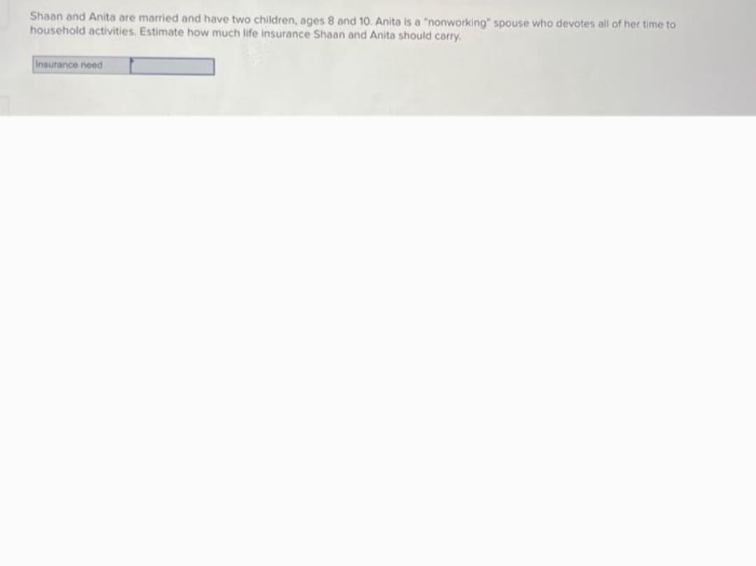 Shaan and Anita are married and have two children, ages 8 and 10. Anita is a "nonworking" spouse who devotes all of her time to
household activities. Estimate how much life insurance Shaan and Anita should carry.
Insurance need