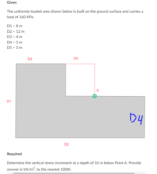 Given
The uniformly loaded area shown below is built on the ground surface and carries a
load of 160 kPa.
D1-8 m
D2 = 12 m
D3 = 4 m
D4-5 m
D5 = 3 m
D1
D3
D2
D5
A
D4
Required
Determine the vertical stress increment at a depth of 10 m below Point A. Provide
answer in kN/m², to the nearest 100th.