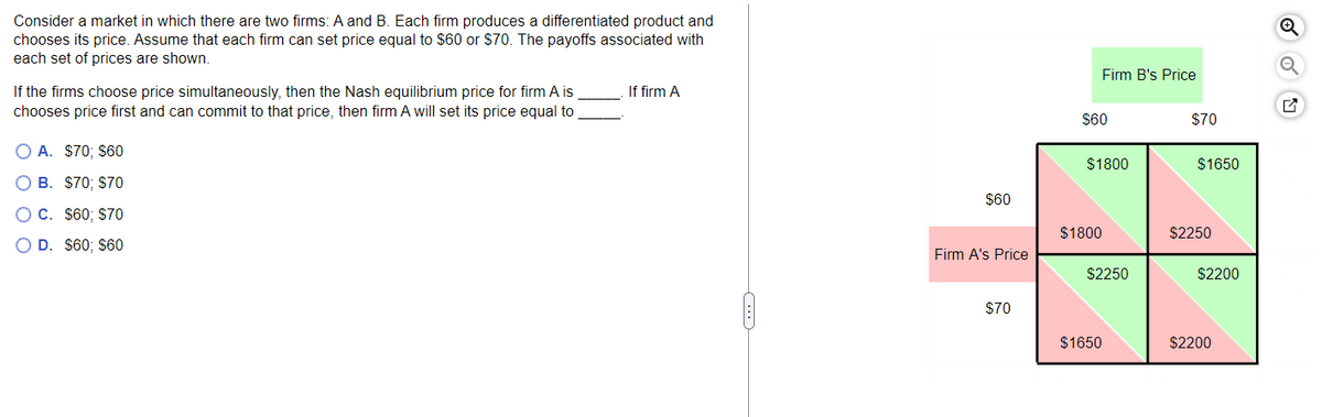Consider a market in which there are two firms: A and B. Each firm produces a differentiated product and
chooses its price. Assume that each firm can set price equal to $60 or $70. The payoffs associated with
each set of prices are shown.
If the firms choose price simultaneously, then the Nash equilibrium price for firm A is
chooses price first and can commit to that price, then firm A will set its price equal to
If firm A
○ A. $70; $60
B. $70; $70
○ C. $60; $70
○ D. $60; $60
Q
Firm B's Price
✓
$60
$70
$1800
$1650
$60
$1800
$2250
Firm A's Price
$2250
$2200
$70
$1650
$2200