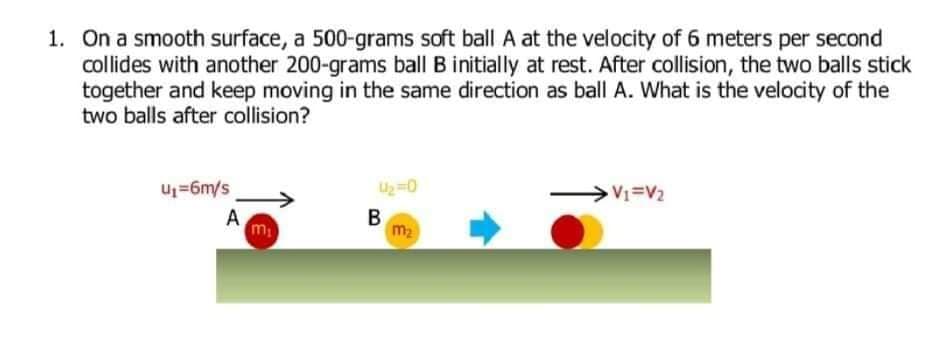 1. On a smooth surface, a 500-grams soft ball A at the velocity of 6 meters per second
collides with another 200-grams ball B initially at rest. After collision, the two balls stick
together and keep moving in the same direction as ball A. What is the velocity of the
two balls after collision?
Uj=6m/s
>V1=V2
A
m
B
m2
