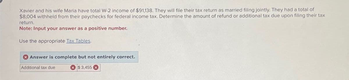 Xavier and his wife Maria have total W-2 income of $91,138. They will file their tax return as married filing jointly. They had a total of
$8,004 withheld from their paychecks for federal income tax. Determine the amount of refund or additional tax due upon filing their tax
return.
Note: Input your answer as a positive number.
Use the appropriate Tax Tables.
Answer is complete but not entirely correct.
Additional tax due
$3,455