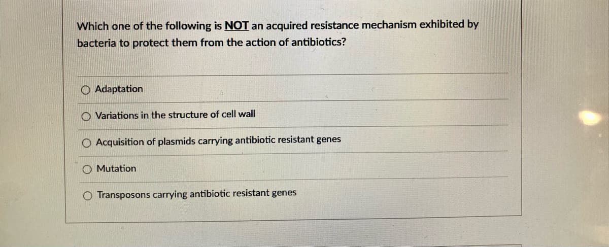 Which one of the following is NOT an acquired resistance mechanism exhibited by
bacteria to protect them from the action of antibiotics?
Adaptation
O Variations in the structure of cell wall
O Acquisition of plasmids carrying antibiotic resistant genes
O Mutation
O Transposons carrying antibiotic resistant genes