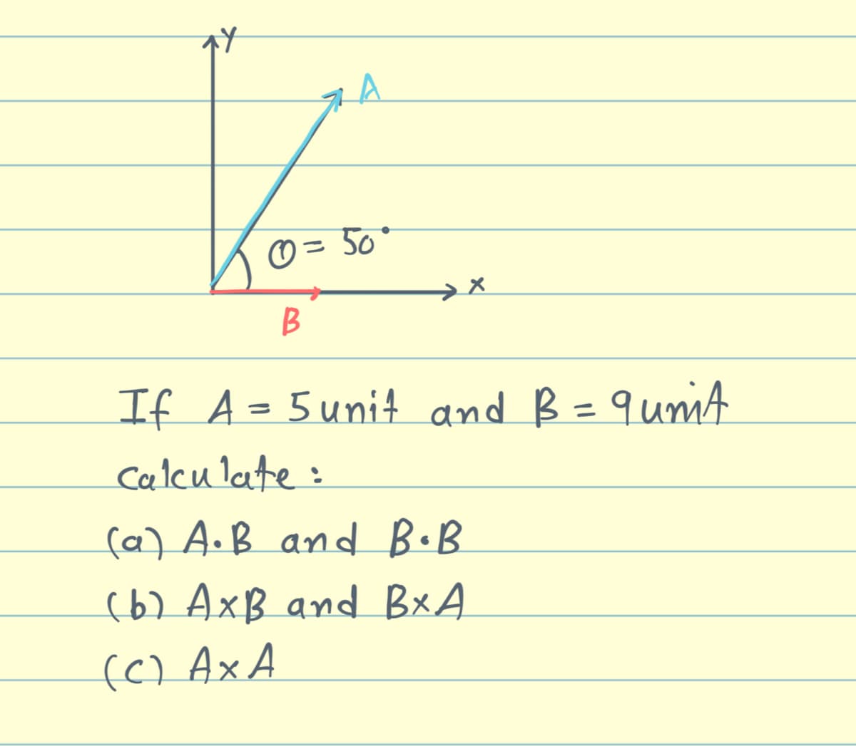= 50°
If A =5 unit and B =quniA
Calcu late:
%3D
(a) A.B and B.B
(6) AxB and BxA
(C) Ax A
