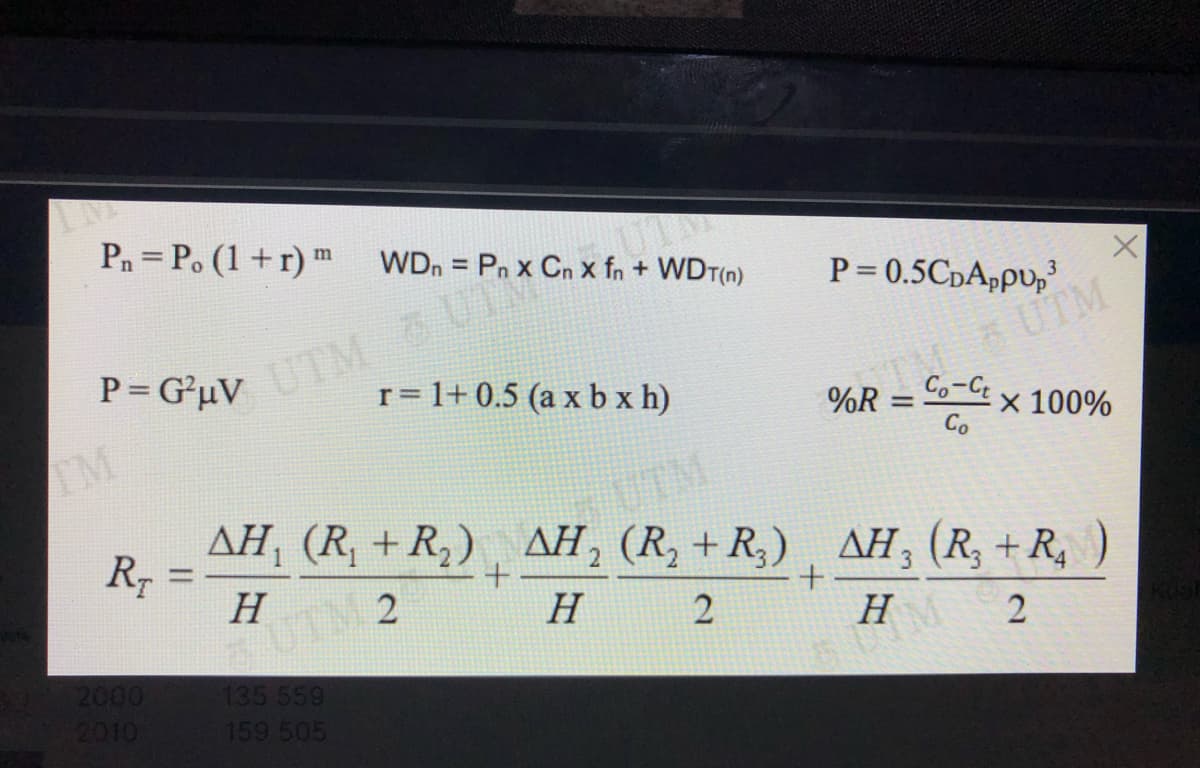 Pa = P. (1 +r) m
WDn = Pn x Cn x fn + WDT(n)
%3D
P = 0.5CpAppu,
UTM UT
r= 1+ 0.5 (a x b x h)
3.
P = G²uV
TNUTM
Co-Ct
%R :
x 100%
Co
TM
ΔΗ (R +R,) ΔΗ, ( R + R) , ΔΗ, (R , + R
R- =
UTM
AH, (R, +R,)
AH; (R, + R, )
H
H 2
H
2000
2010
135 559
159 505
