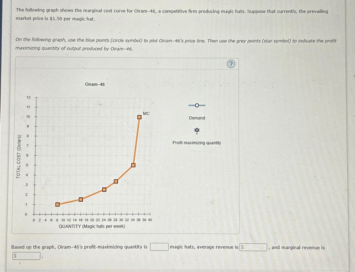 The following graph shows the marginal cost curve for Oiram-46, a competitive firm producing magic hats. Suppose that currently, the prevailing
market price is $1.50 per magic hat.
On the following graph, use the blue points (circle symbol) to plot Oiram-46's price line. Then use the grey points (star symbol) to indicate the profit
maximizing quantity of output produced by Oiram-46.
TOTAL COST (Dollars)
he
12
11
10
a
8
N
3
2
1
0
+
Oiram-46
7
0
MC
+
H
0 2 4 6 8 10 12 14 16 18 20 22 24 26 28 30 32 34 36 38 40
QUANTITY (Magic hats per week)
Based on the graph, Oiram-46's profit-maximizing quantity is
Demand
Profit maximizing quantity
?
magic hats, average revenue is $
and marginal revenue is