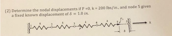 (2) Determine the nodal displacements if P=0, k = 200 lbs/in., and node 5 given
a fixed known displacement of 8 = 1.0 in.
شفتر
masing.