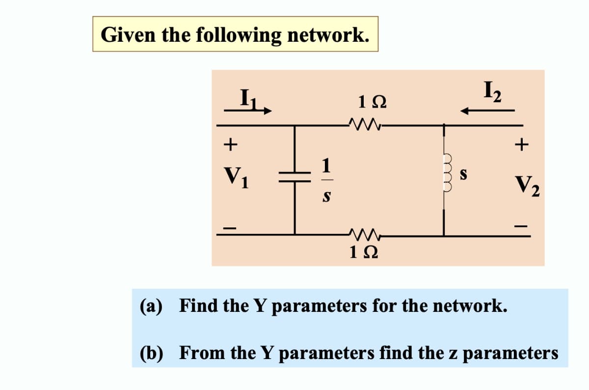Given the following network.
+
V₁
12
I₁
1Ω
w
1Ω
чи
+
V2
(a) Find the Y parameters for the network.
(b) From the Y parameters find the z parameters
