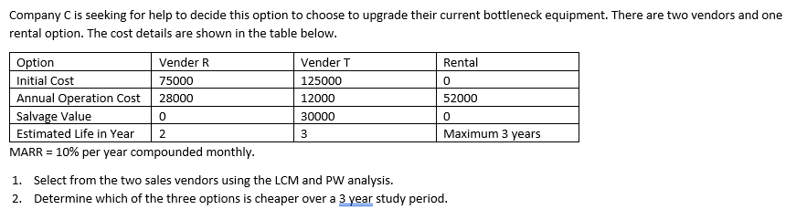 Company C is seeking for help to decide this option to choose to upgrade their current bottleneck equipment. There are two vendors and one
rental option. The cost details are shown in the table below.
Vender R
75000
28000
Option
Initial Cost
Annual Operation Cost
Salvage Value
0
Estimated Life in Year
2
MARR = 10% per year compounded monthly.
Vender T
125000
12000
30000
3
Rental
0
52000
0
Maximum 3 years
1. Select from the two sales vendors using the LCM and PW analysis.
2.
Determine which of the three options is cheaper over a 3 year study period.