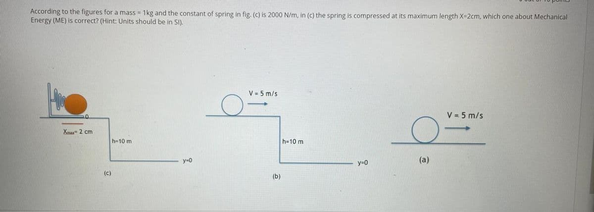 According to the figures for a mass = 1kg and the constant of spring in fig. (c) is 2000 N/m, in (c) the spring is compressed at its maximum length X=2cm, which one about Mechanical
Energy (ME) is correct? (Hint: Units should be in SI).
Xmax=2 cm
(c)
h-10 m
y=0
V = 5 m/s
(b)
h=10 m
y=0
(a)
V = 5 m/s