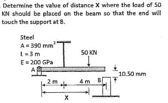 Determine the value of distance X where the load of 50
KN should be placed on the beam so that the end will
touch the support at B.
Steel
A = 390 mm2"
L= 3 m
E = 200 GPa
A OR
50 KN
10.50 mm
2 m
4 m B
