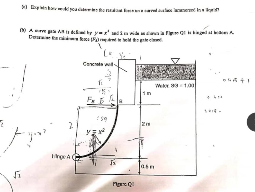 (a) Explain howv could you determine the resultant force on a curved surface inmrnersed in a liquid?
(b) A curve gate AB is defined by y = x' and 2 m wide as shown in Figure Q1 is hinged at bottom A.
Determine the minimum force (Fo) required to hold the gate closed.
Concrete wall-
Water, SG = 1.00
1 m
FB
B
2 m
ソミ×?
Hinge A
0.5 m
Figure Q1
