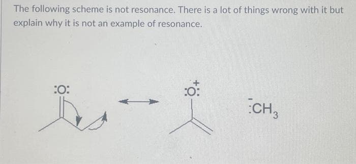 The following scheme is not resonance. There is a lot of things wrong with it but
explain why it is not an example of resonance.
:O:
CH₂