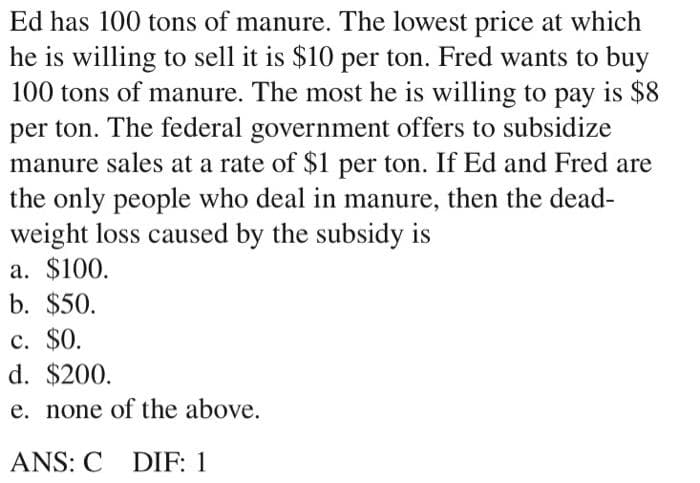 Ed has 100 tons of manure. The lowest price at which
he is willing to sell it is $10 per ton. Fred wants to buy
100 tons of manure. The most he is willing to pay is $8
per ton. The federal government offers to subsidize
manure sales at a rate of $1 per ton. If Ed and Fred are
the only people who deal in manure, then the dead-
weight loss caused by the subsidy is
a. $100.
b. $50.
c. $0.
d. $200.
e. none of the above.
ANS: C DIF: 1
