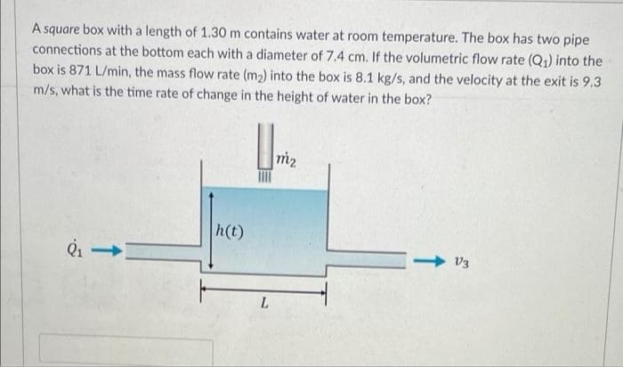 A square box with a length of 1.30 m contains water at room temperature. The box has two pipe
connections at the bottom each with a diameter of 7.4 cm. If the volumetric flow rate (Q1) into the
box is 871 L/min, the mass flow rate (m2) into the box is 8.1 kg/s, and the velocity at the exit is 9.3
m/s, what is the time rate of change in the height of water in the box?
m2
h(t)
V3
L.
