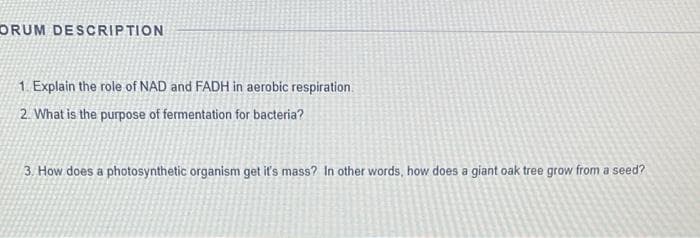 ORUM DESCRIPTION
1 Explain the role of NAD and FADH in aerobic respiration.
2. What is the purpose of fermentation for bacteria?
3. How does a photosynthetic organism get if's mass? In other words, how does a giant oak tree grow from a seed?
