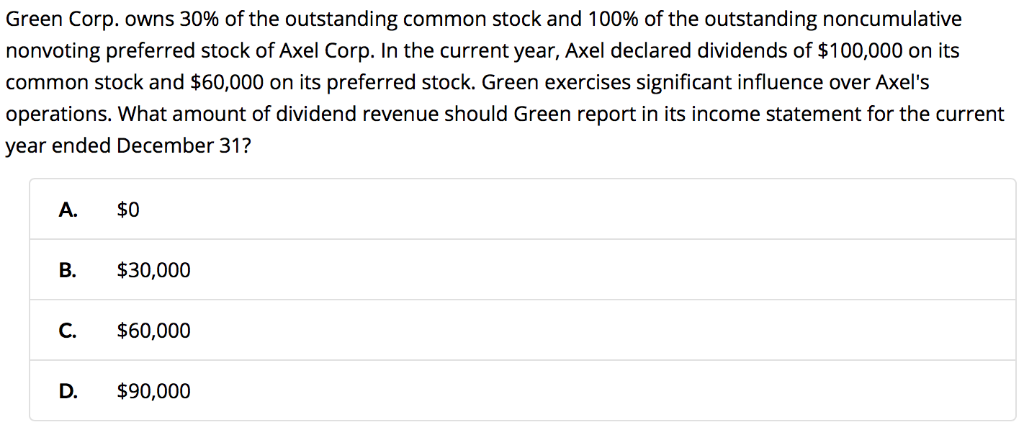 Green Corp. owns 30% of the outstanding common stock and 100% of the outstanding noncumulative
nonvoting preferred stock of Axel Corp. In the current year, Axel declared dividends of $100,000 on its
common stock and $60,000 on its preferred stock. Green exercises significant influence over Axel's
operations. What amount of dividend revenue should Green report in its income statement for the current
year ended December 31?
A. $0
B.
C.
D.
$30,000
$60,000
$90,000