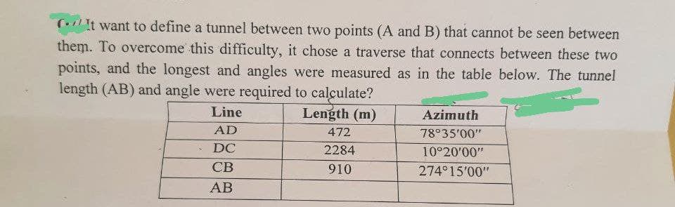 It want to define a tunnel between two points (A and B) that cannot be seen between
them. To overcome this difficulty, it chose a traverse that connects between these two
points, and the longest and angles were measured as in the table below. The tunnel
length (AB) and angle were required to calculate?
Line
Length (m)
Azimuth
AD
472
78°35'00"
DC
2284
10°20'00"
CB
910
274°15'00"
AB
C