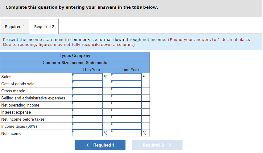 Complete this question by entering your answers in the tabs below.
Required 1 Required 2
Present the income statement in common-size format down through net income. (Round your answers to 1 decimal place.
Due to rounding, figures may not fully reconcile down a column.)
Lydex Company
Common-Size Income Statements
This Year
Sales
Cost of goods sold
Gross margin
Selling and administrative expenses
Net operating income
Interest expense
Net income before taxes
Income taxes (30%)
Net income
%
%
< Required 1
Last Year
%
%
Required 2 >